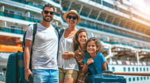family cruise vacation, boarding cruise ship with packed luggage, smiling, excited and enjoying
